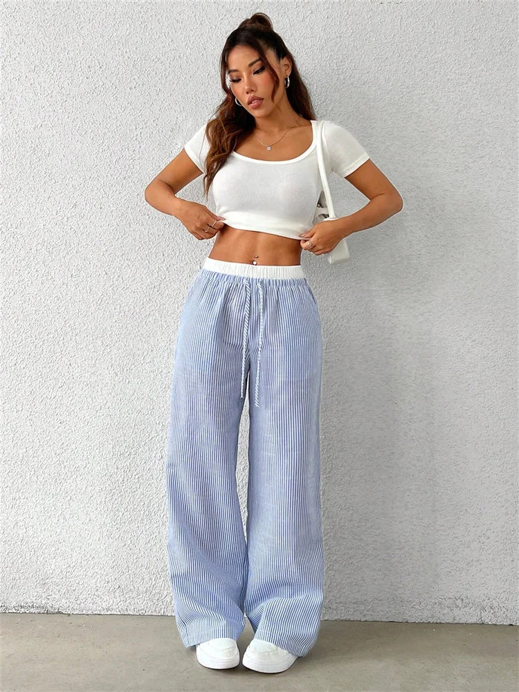Casual Striped Woven Wide Leg Pants