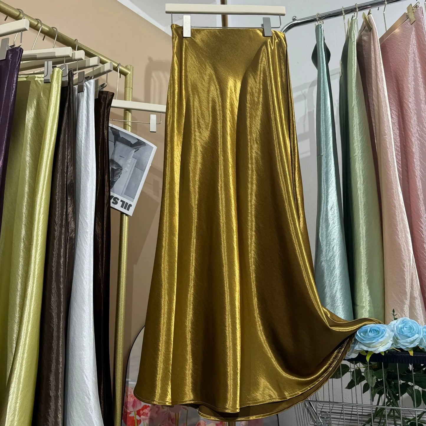 Glossy Satin Midi Skirt