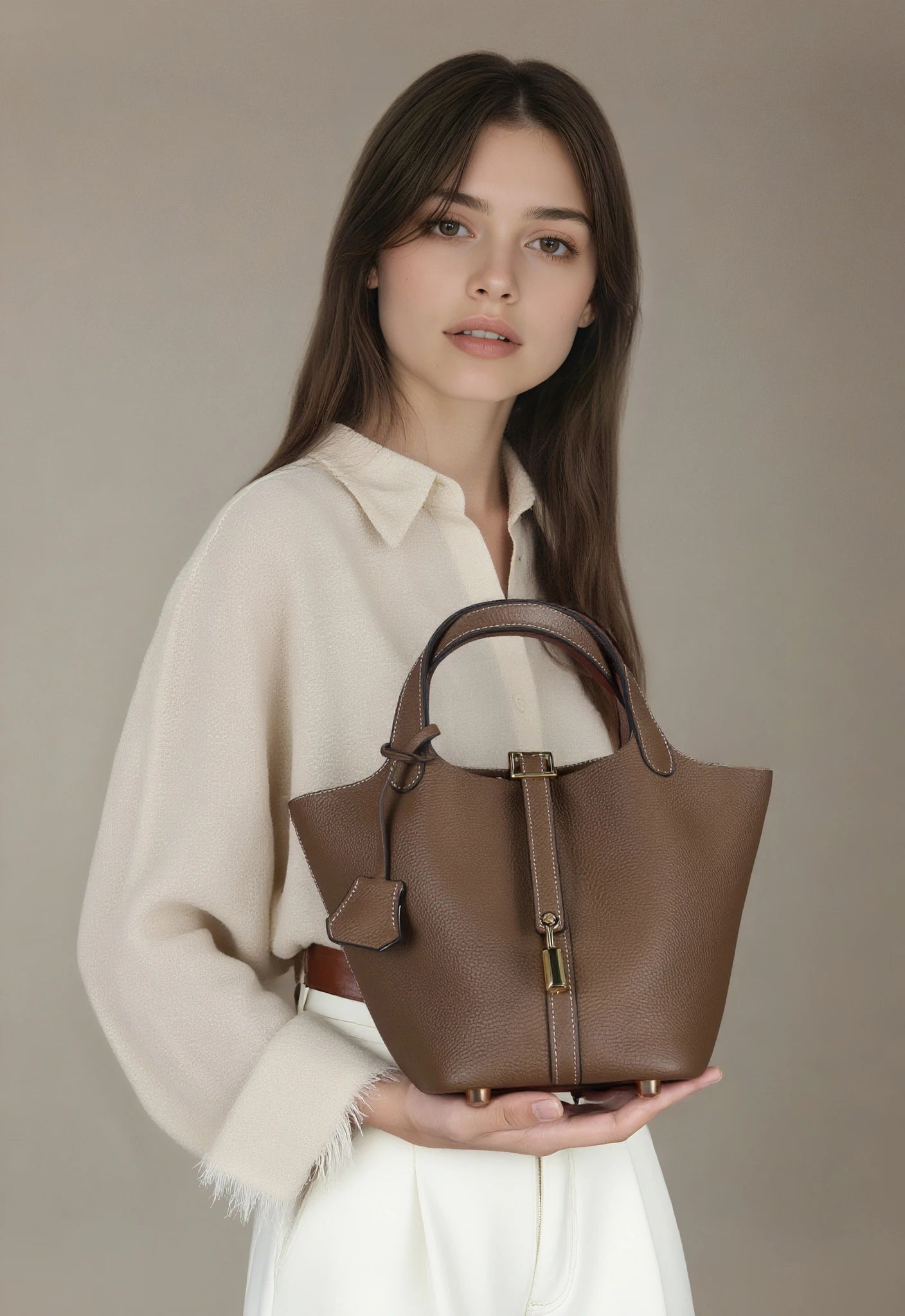 Genuine Leather Bucket Bag with Lock
