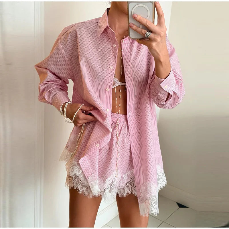 Long Sleeve Button Up Lace Patchwork Shorts Set