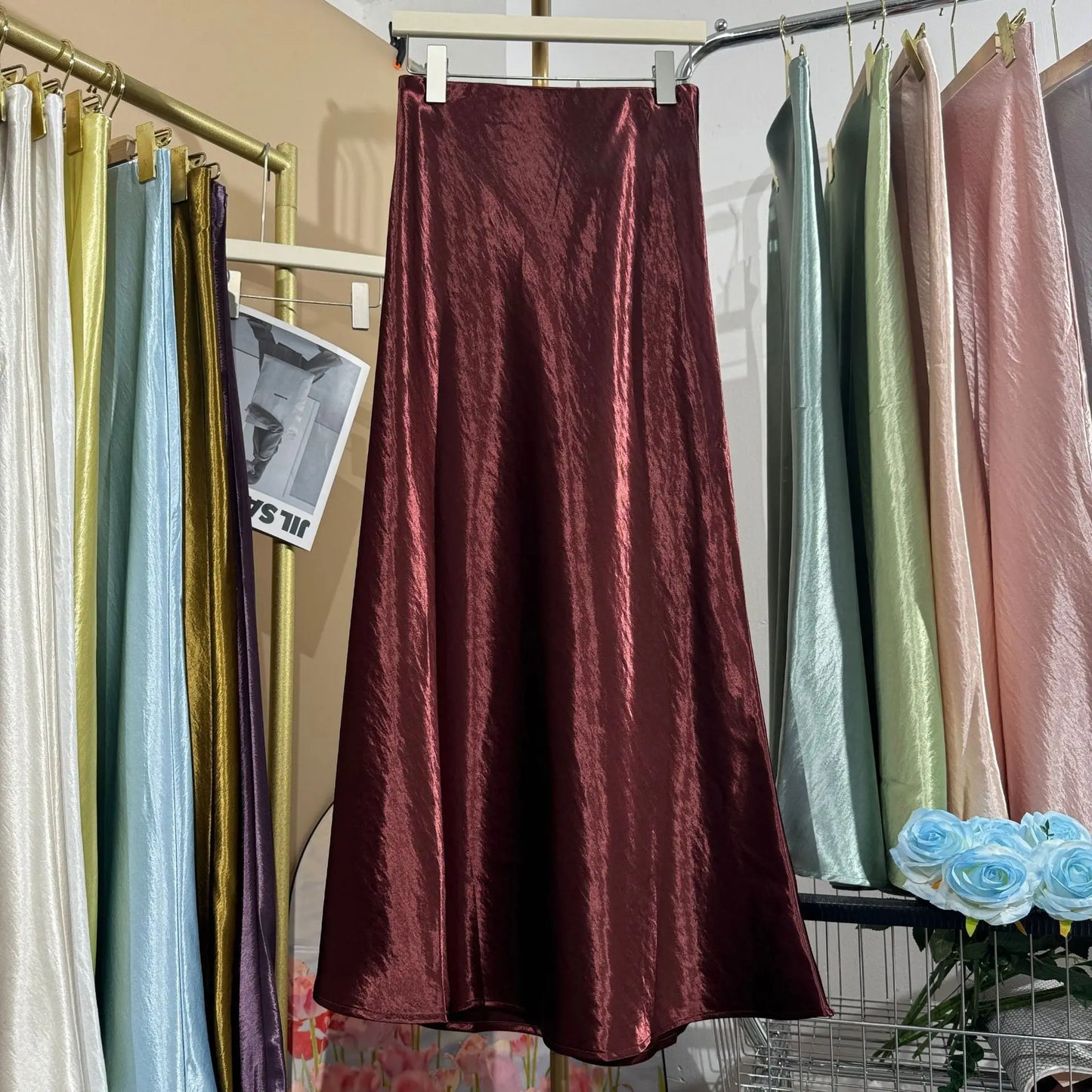 Glossy Satin Midi Skirt