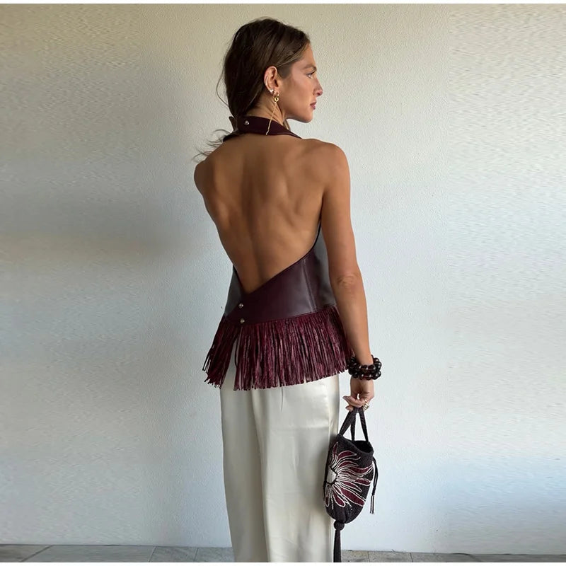 Faux Leather Fringe Halter Top