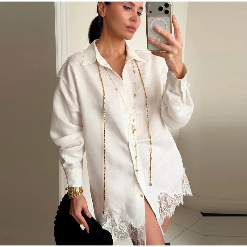 Long Sleeve Button Up Lace Patchwork Shorts Set