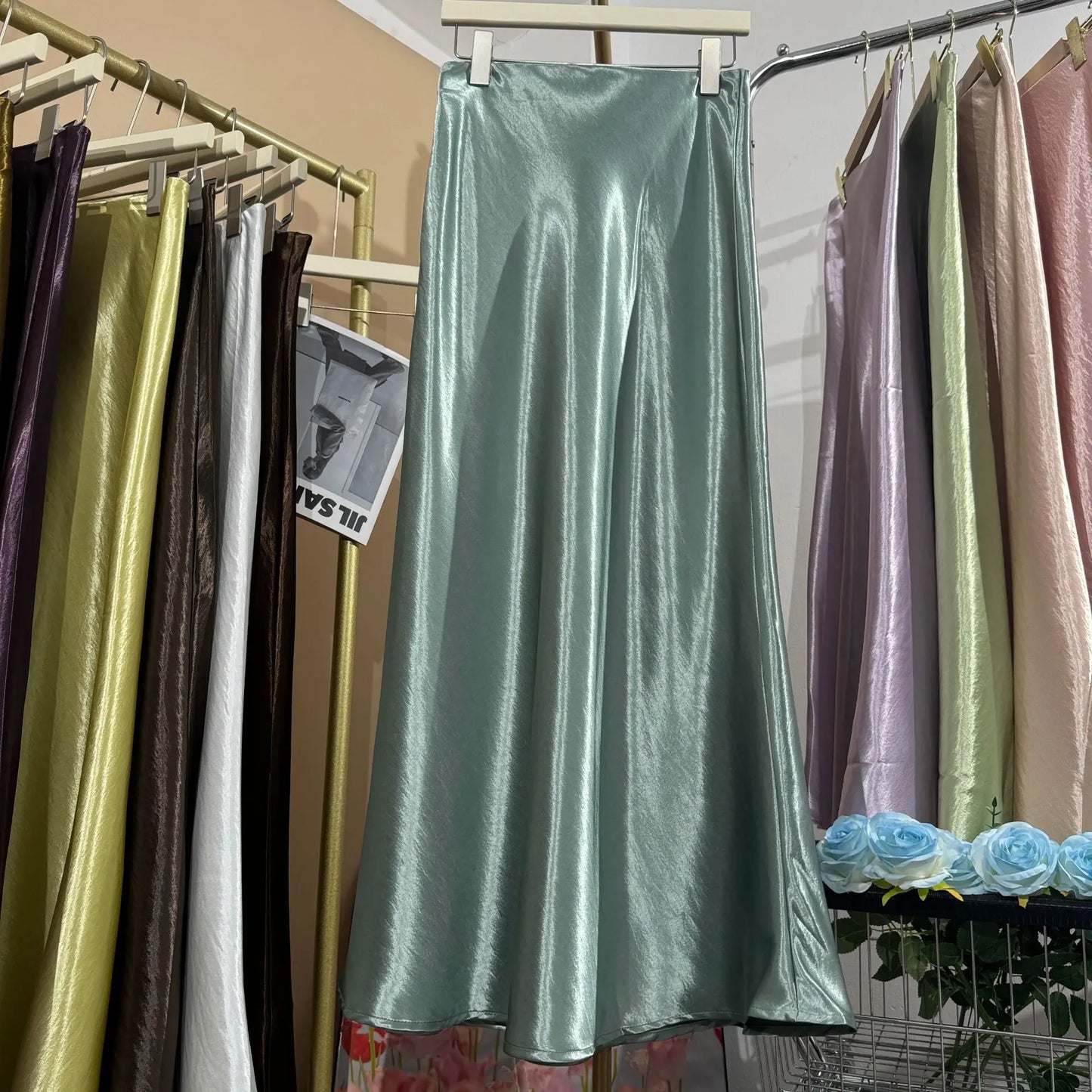 Glossy Satin Midi Skirt