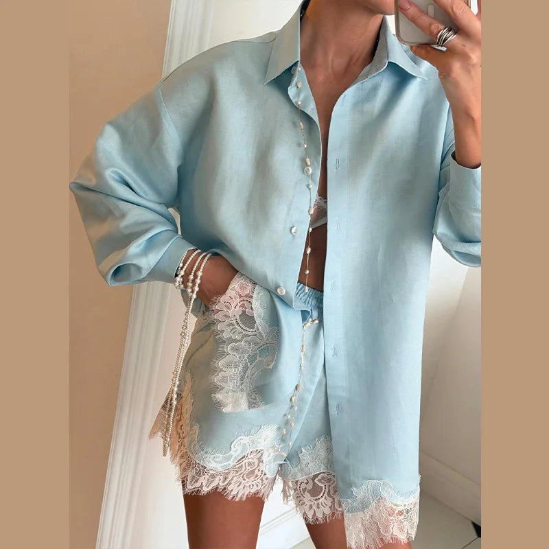 Long Sleeve Button Up Lace Patchwork Shorts Set