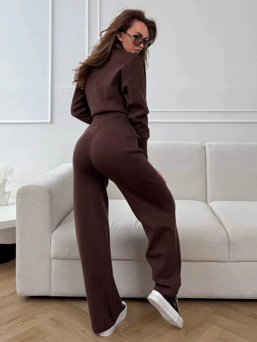 Knit Zip Up Cardigan Wide Leg Pants Set