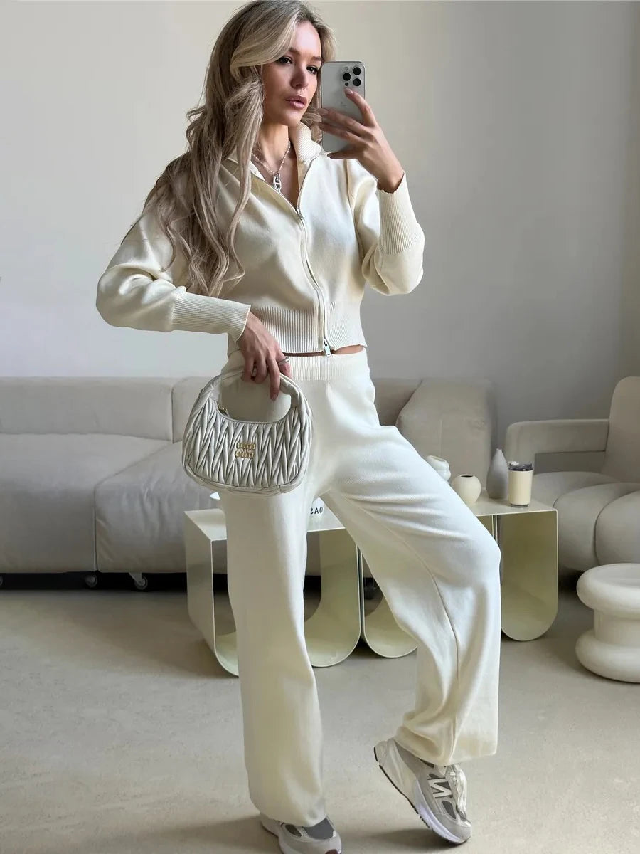 Knit Zip Up Cardigan Wide Leg Pants Set